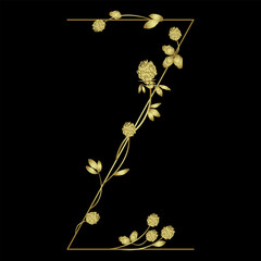 Capital letter Z with floral motifs. Decorative font with blooming branches of red clover flower. Golden glossy silhouette on black background.