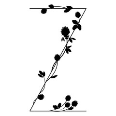 Capital letter Z with floral motifs. Decorative font with blooming branches of red clover flower. Black silhouette on white background. Isolated vector illustration.