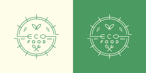 Eco-food logo design illustration flat symbol vector icon simple stamp label fork spoon dish fresh nature elegant minimalist line creative idea Organic Kitchen Cafe Leaf Lunch Diner Canteen 
