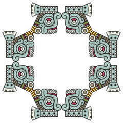 Geometrical frame with Native American masks. Head of Aztec god of rain Tlaloc. Isolated vector illustration.
