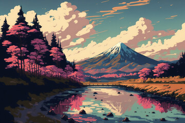 Fuji mount with sakura trees and river, landscape anime style. Beautiful landscape mount Fuji. Generated by AI