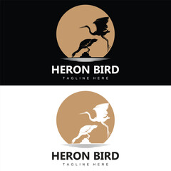 Bird Heron Stork Logo Design, Birds Heron Flying On The River Vector, Product Brand Illustration