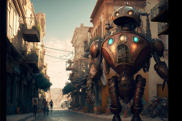 Fototapeta na wymiar Robots and humans in a steampunk style city, generative ai.