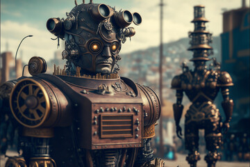 Fototapeta premium Robots and humans in a steampunk style city, generative ai.