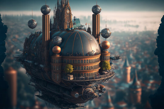 steampunk city aerial view, aviator, generative ai.
