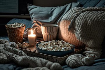 cozy movie night at home with popcorn and drinks under the blanket, generative ai