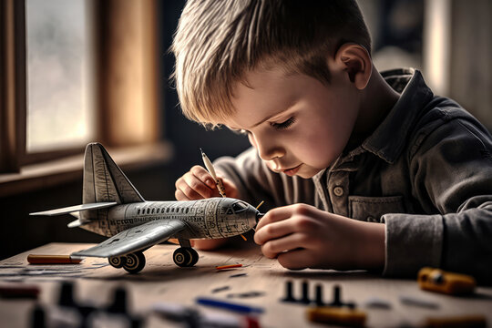 Focused little boy builds a model airplane on his desk with precision and care, generative ai