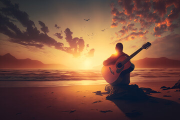 guitarist strumming an acoustic guitar on a beach at sunset, with warm lighting, generative ai