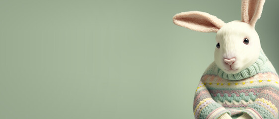 Fototapeta na wymiar Cute Easter bunny wearing an Easter sweater banner by generative AI