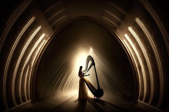 harpist playing a harp in a concert hall, with a heavenly atmosphere and soft lighting, generative ai