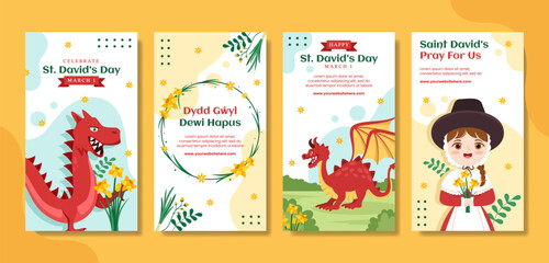 Happy St David's Day Social Media Stories Flat Cartoon Hand Drawn Templates Background Illustration