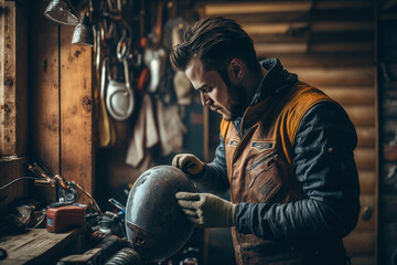 Fototapeta na wymiar man in a denim jacket polishing the gas tank of his motorcycle with a cloth in a rustic garage with wooden walls and tools hanging on them, generative ai