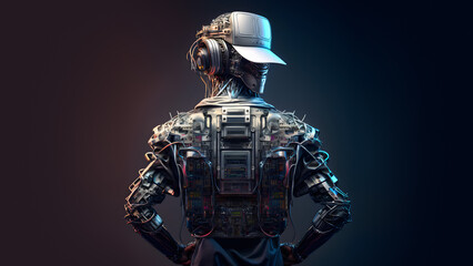 Hiphop cyborg robot with cap on solid studio background