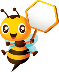 Cartoon cute happy bee character holding empty honeycomb shaped signboard. Protect the environment concept illustration