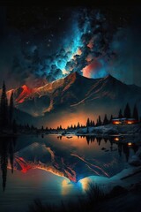 panorama mountain landscape at night aurora. Beauty of nature concept background