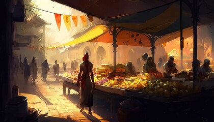 A bustling street market in a foreign country