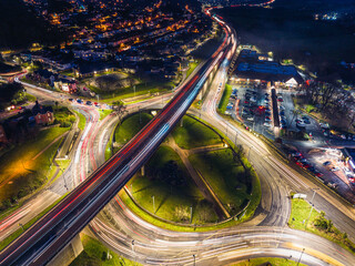 Night Top Down over Penn Inn Flyover and Roundabout from a drone Newton Abbot, Devon, England