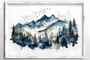 blue mountain watercolor art created using AI Generative Technology