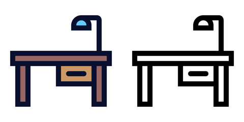 Desktop with Lamp. Color and Line Icons