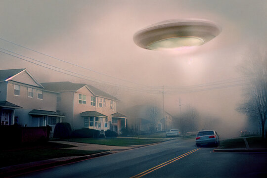 UFO over american town,  1970s film photo quality style,. generative ai
