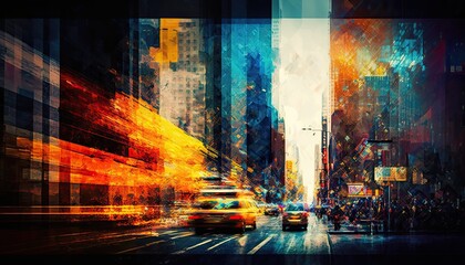 Abstract New York City architecture. Times Square cityscape colorful illustration concept art. Skyscrapers and taxi cabs.