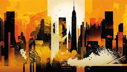 Abstract New York City architecture. Times Square cityscape colorful illustration concept art. Skyscrapers and taxi cabs. - obrazy, fototapety, plakaty