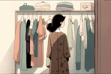 
Illustration of a young Korean woman organizing her closet. Woman choosing clothes to wear. Closet organized with hanging clothes. Organization of spaces and wardrobe. Minimalistic draw Generative ai