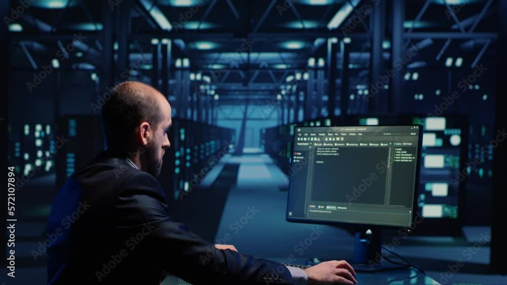 Poster network engineer doing hardware check on computer in server room, working with data protection for c