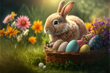 Easter bunny in a basket with easter eggs, pretty spring flowers, generative AI illustration