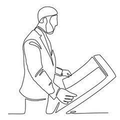 A moslem man read the big Quran in the mosque during ramadhan time in continuous line art drawing style. design with Minimalist black linear design isolated on white background. Vector illustration