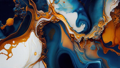 Background mixed liquid paint blue and white, gold colors. Luxury marble texture. Marble wallpaper oil slick watercolor. liquid oil background. generative ai
