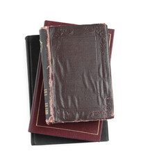 Old hardcover books isolated on white, top view