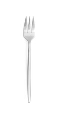 One new shiny dessert fork isolated on white, top view