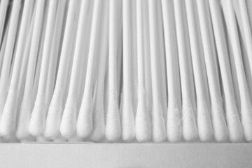 New cotton buds in cardboard box, closeup