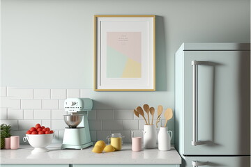 Fototapeta na wymiar blank photo frame in kitchen minimalist design,pastel colour palette, Made by AI,Artificial intelligence