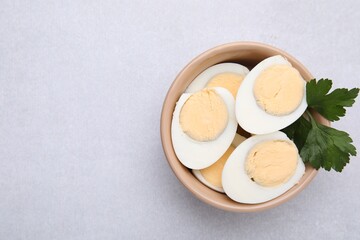 Fresh hard boiled eggs and parsley on light grey table, top view. Space for text