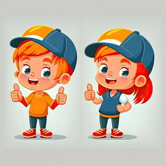 Thumb up signal, boy and girl cartoon character, vector illustration, white background, Made by AI,Artificial intelligence