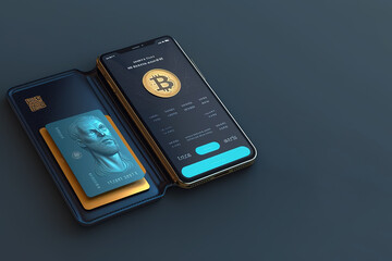 Cryptocurrency wallet on mobile app. Dark background with copy space. 3D style. Generative AI illustration - obrazy, fototapety, plakaty