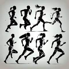 set of running men and women, silhouettes, vector, white background, Made by AI,Artificial intelligence