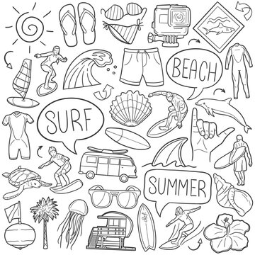 Surf Doodle Icons. Hand Made Line Art. Beach Sports Clipart Logotype Symbol Design.