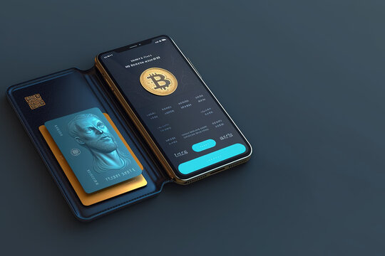 Cryptocurrency wallet on mobile app. Dark background with copy space. 3D style. Generative AI illustration