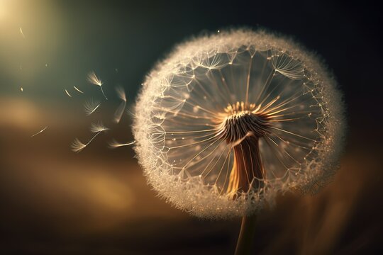 Banner of dandelion clock dispersing seeds in the wind by the sunlight. Copy space for advertisement. Generative AI illustration
