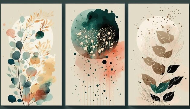 Modern minimalist aesthetic triptych poster. Generative AI illustration