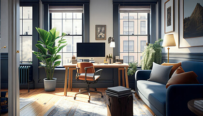 modern living room with computer, plant, sofa, chair, sunlight