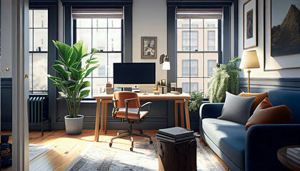 Fototapeta premium modern living room with computer, plant, sofa, chair, sunlight