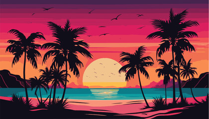 Fototapeta na wymiar Serene Beach Sunset with Palm Trees