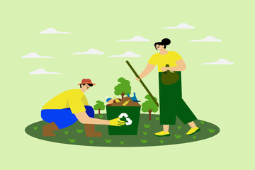Obraz na płótnie Canvas Day illustration of the flattened world environment. natural green couple 