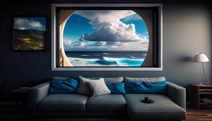 Fototapeta premium Cozy, bright, and modern living room having the oceanview