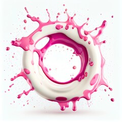 A circle frame with white and pink paint splashes on white background. Liquid paint pouring texture. Ai generated abstract illustration with a circle frame covered with colorful drops.