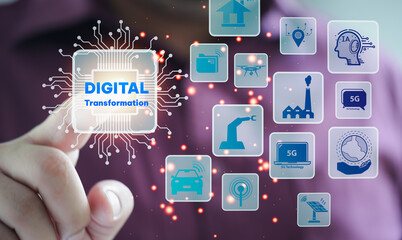 Businessman touch digital transformation technology strategy, digitization and digitalization of...